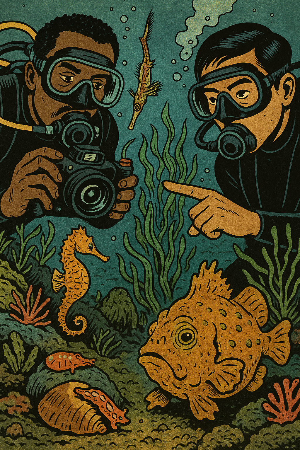 Two men scuba dive at Secret Bay (Gilimanuk) in Bali, while one takes photos of interesting marine life