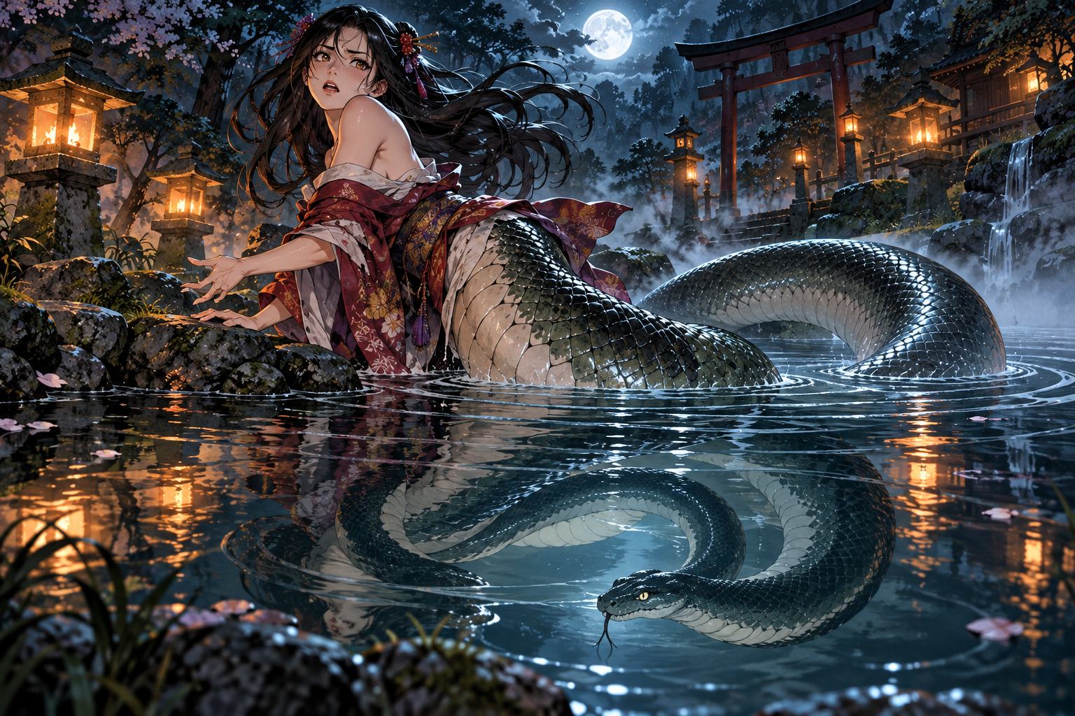 A shapeshifting yokai woman turns into a water snake at a temple under a full moon