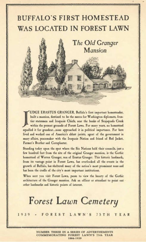 An  old advertisement for Forest Lawn Cemetery, showing the Old Granger Mansion