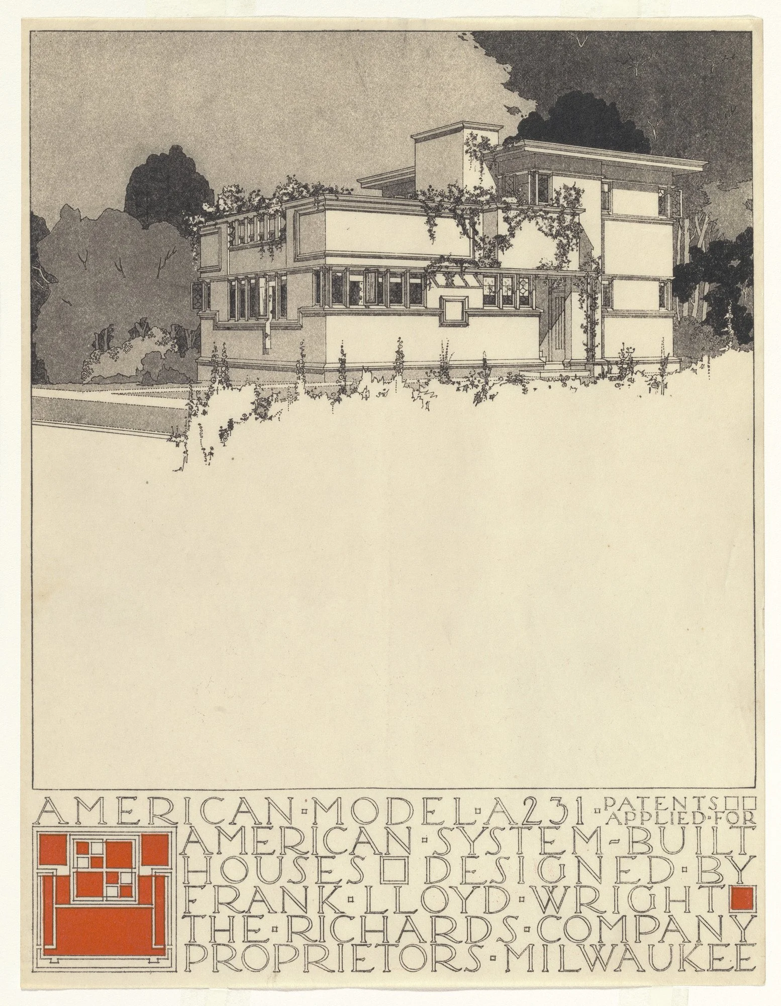 Architectural drawing in an ad for American System-Build Houses on Frank Lloyd Wright's Burnham Block