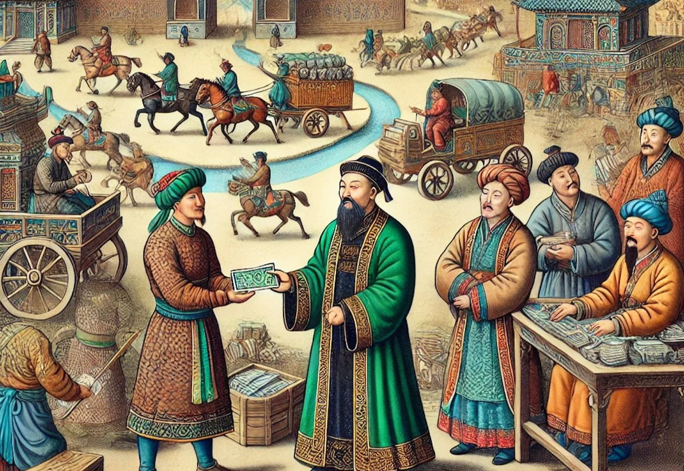 A bustling trade scene, with a Mongol paying another with paper currency