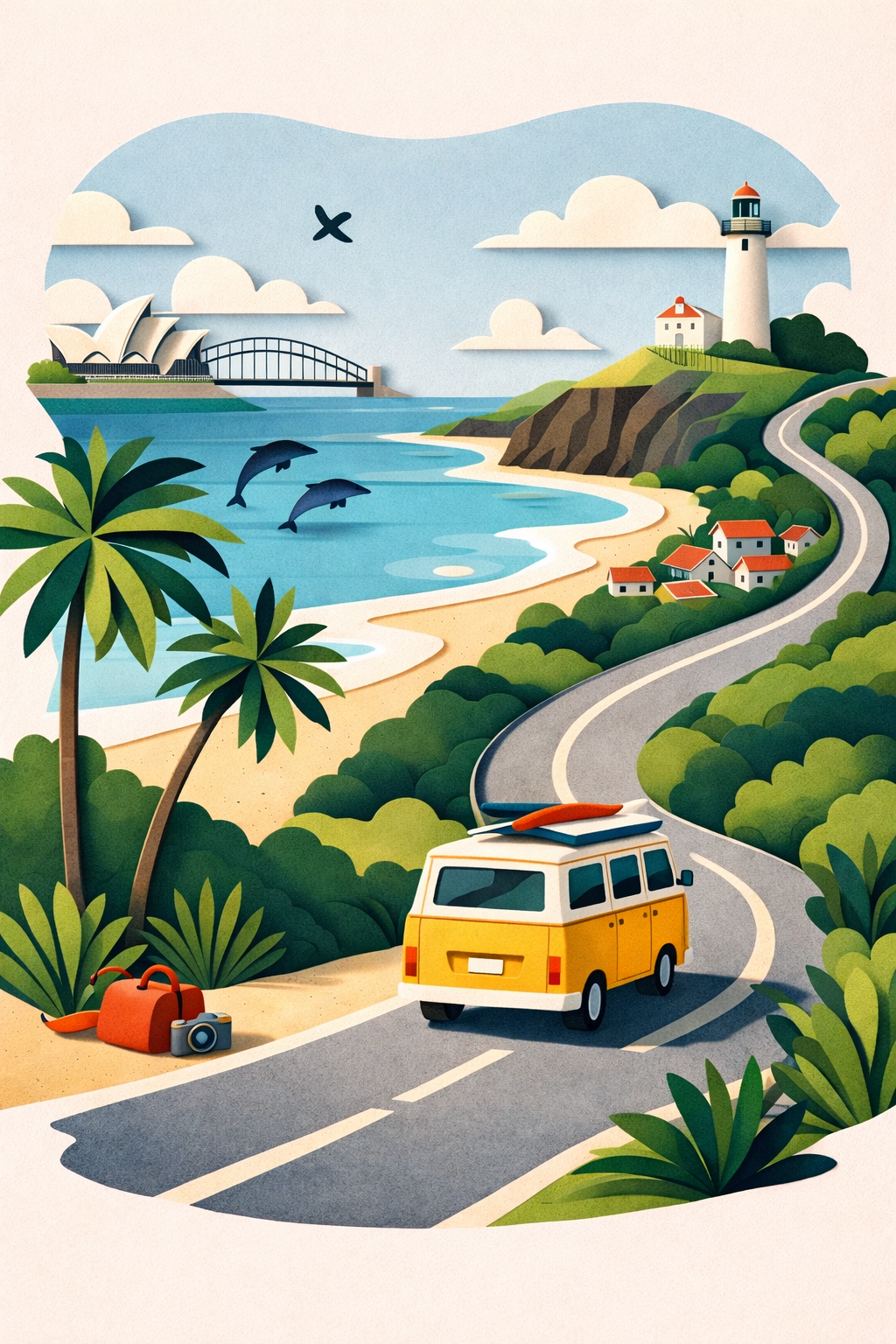 A VW bus drives along the road from Sydney to Byron Bay, Australia, with the Opera House, a bridge, lighthouse and dolphins ahead