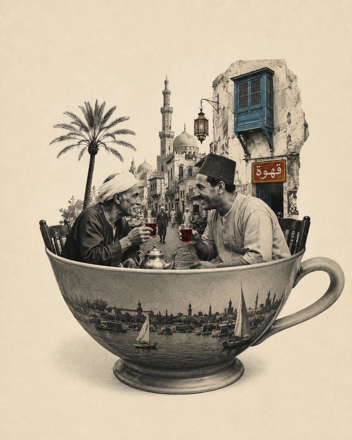 Two Egyptian men have a conversation instead of a teacup, along a street with the side of a building and a palm tree