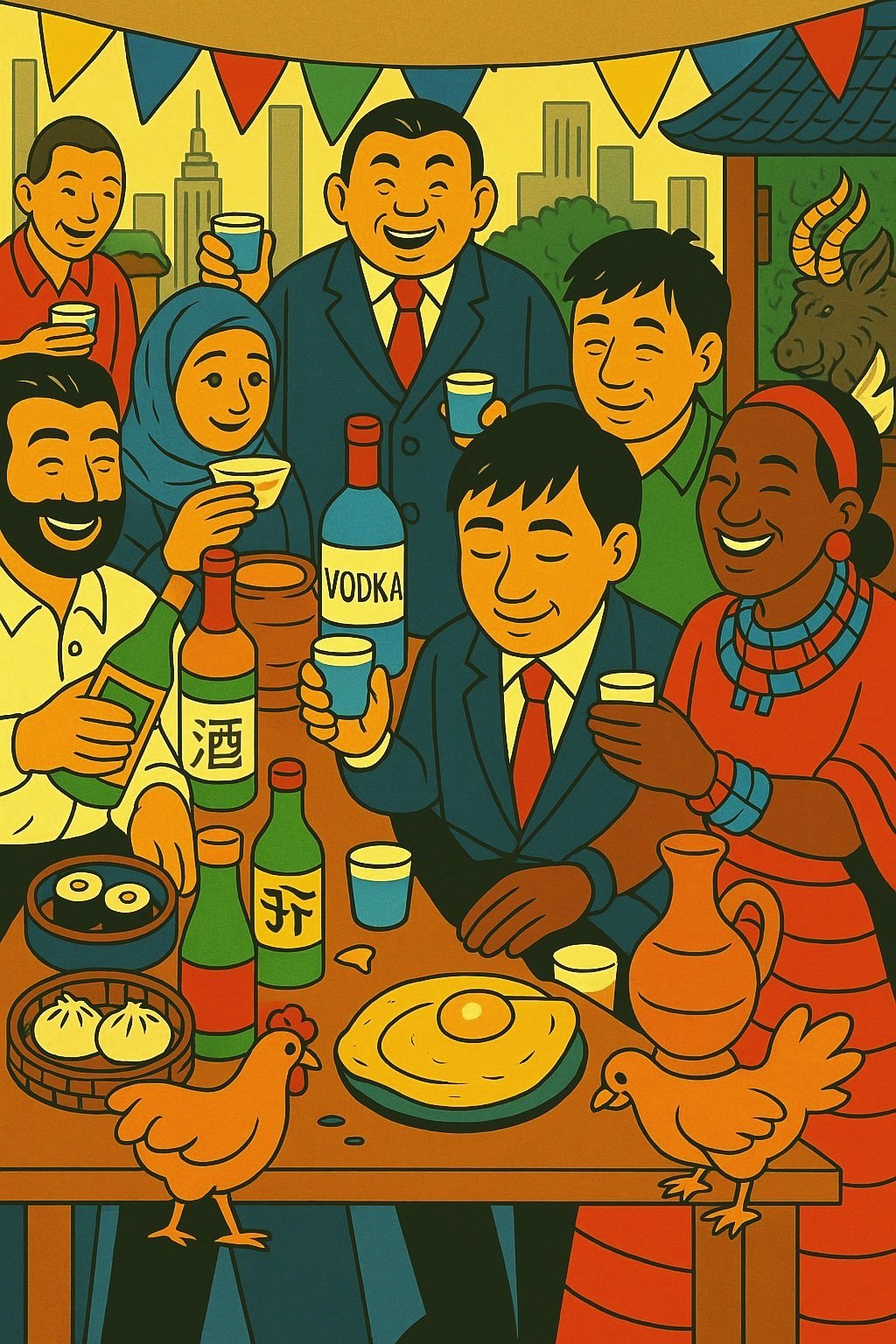 A group of people from around the world crowd around a table, holding traditional drinks from their countries