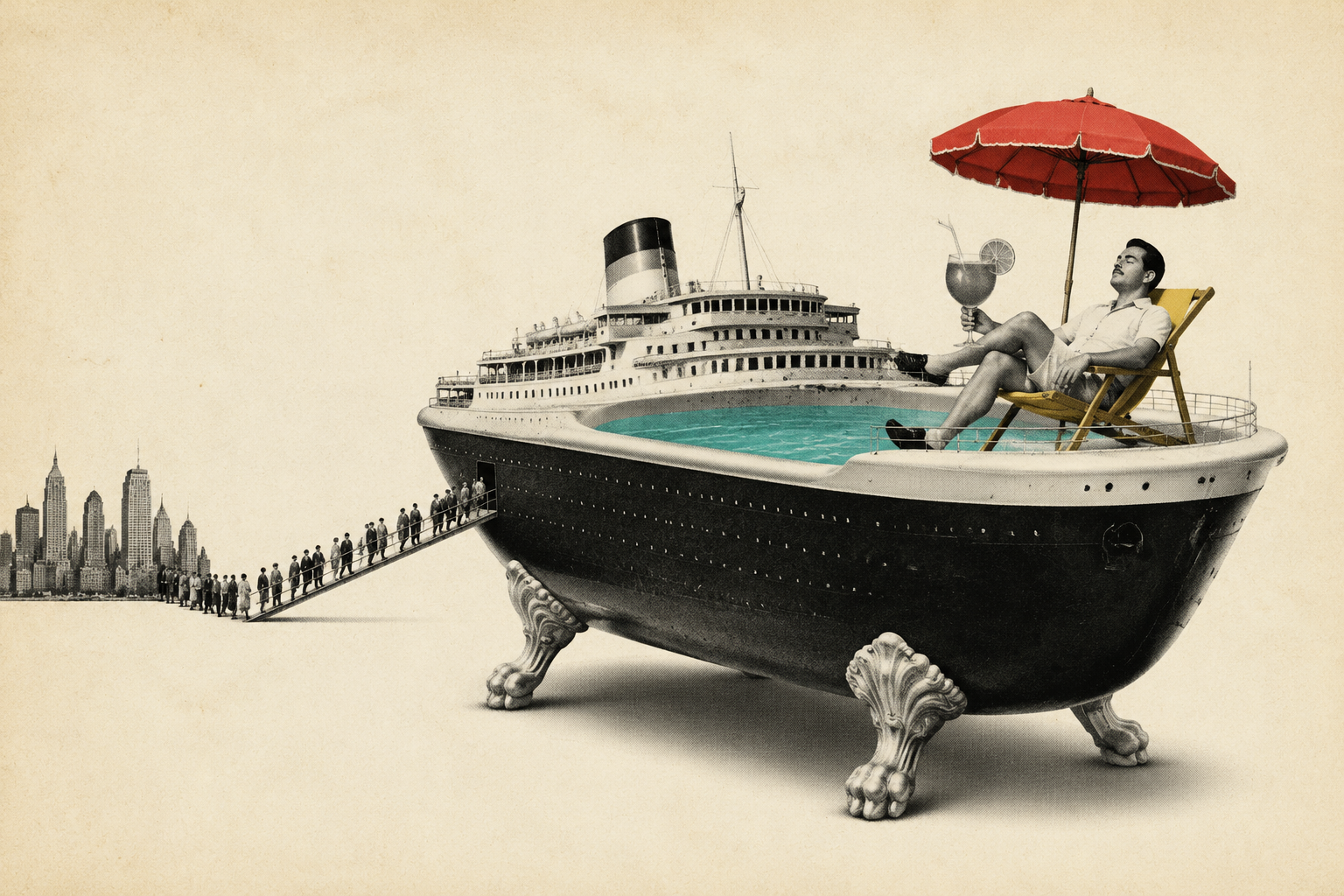 Passengers walk down a gangplank to a city while a cruise ship morphs into a bathtub and a man enjoys a tropical drink under an umbrella