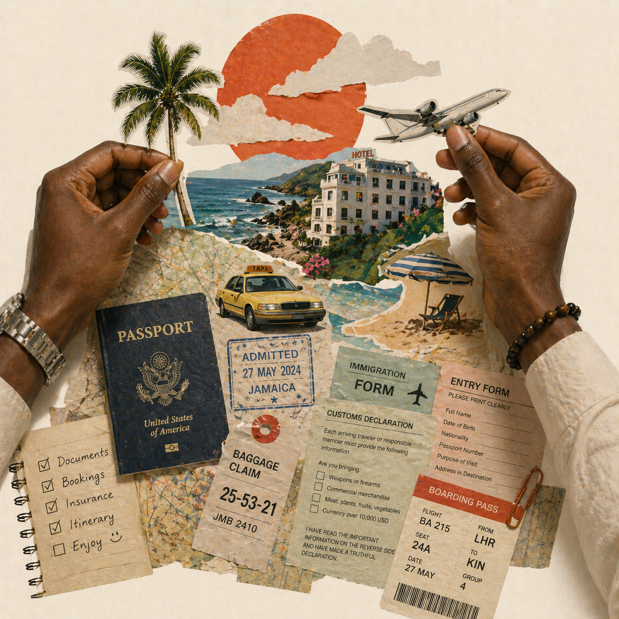 Collage of two hands making a collage, holding a palm tree and a plane, over a seaside hotel, taxi, passport and other travel documents