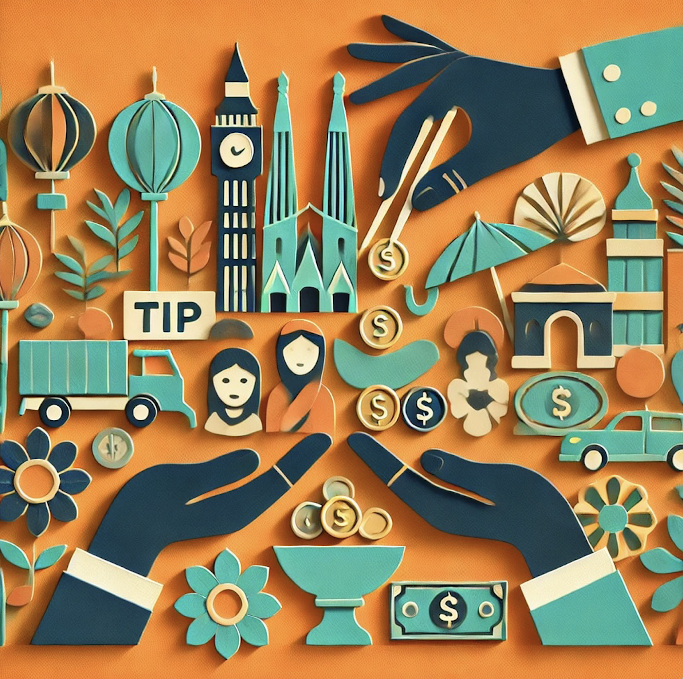 Paper cutout style illustration of hands, peoples, buildings, money and flowers