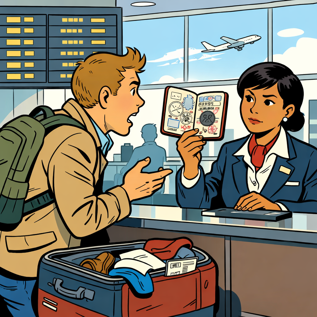 A woman holds up a passport at the check-in desk at an airport. A man is upset, and his suitcase open