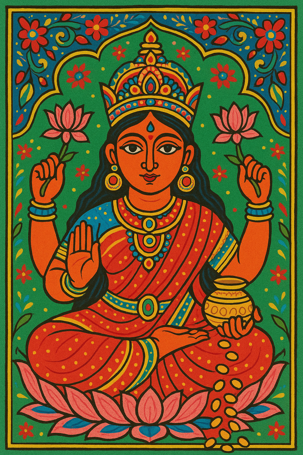 Hindu goddess Lakshmi holds lotuses and a pot, which coins flow from her hand as a sit atop a lotus