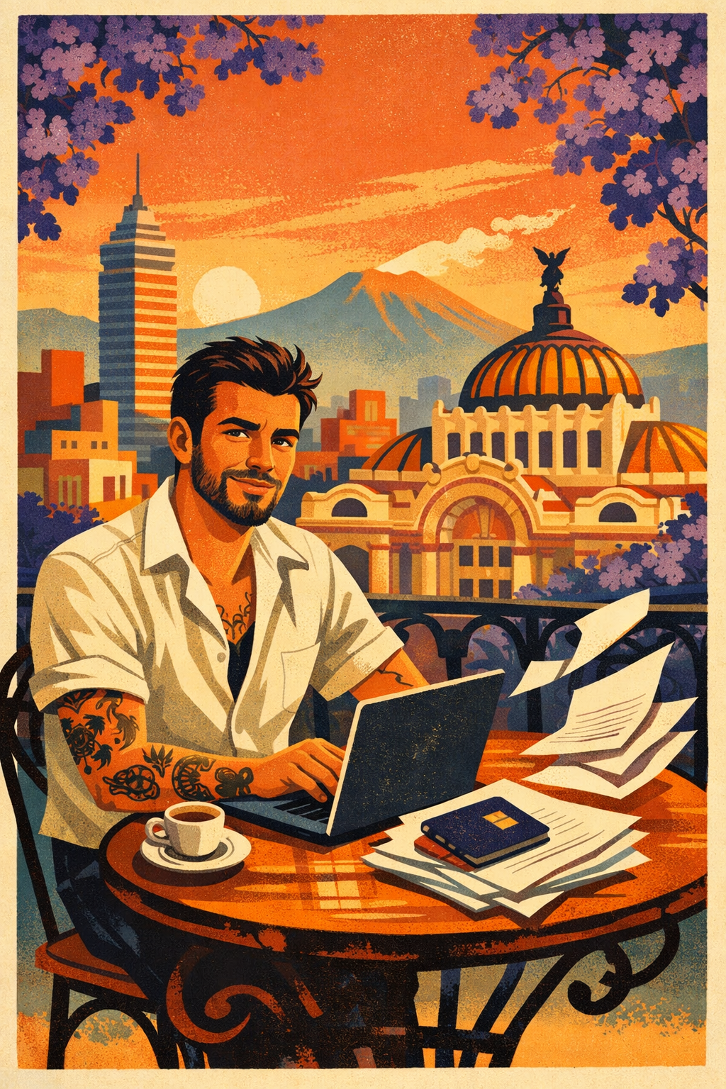 A tattooed man works on his laptop, as some of his papers blow away on a balcony in Mexico City, overlooking the Palace of Fine Arts and Centro