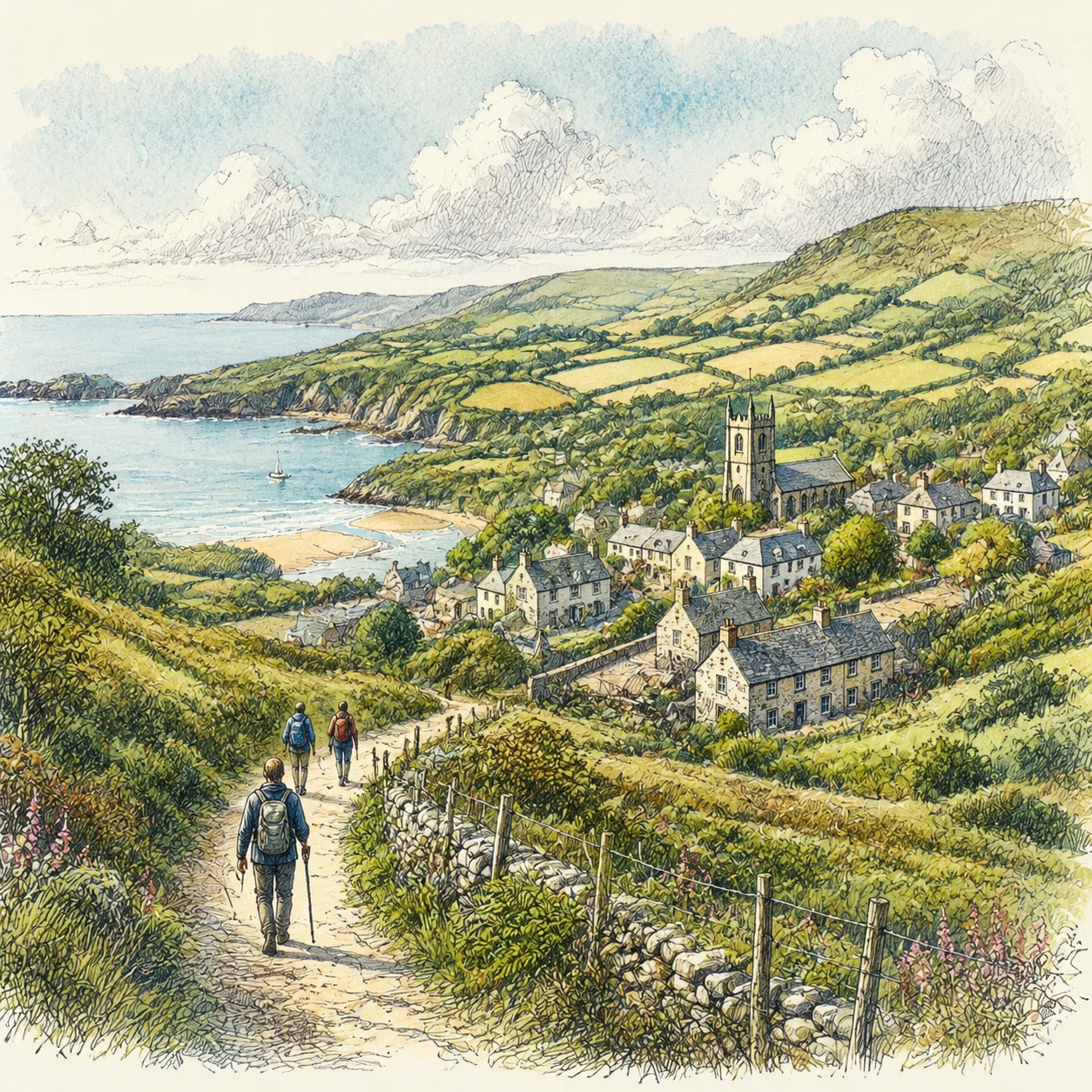 Walkers hike along a trail to a quintessential seaside village in the UK