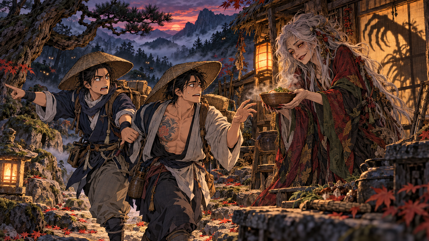 A witchy yamauba tries to lure in two travelers in the mountains with a bowl of food