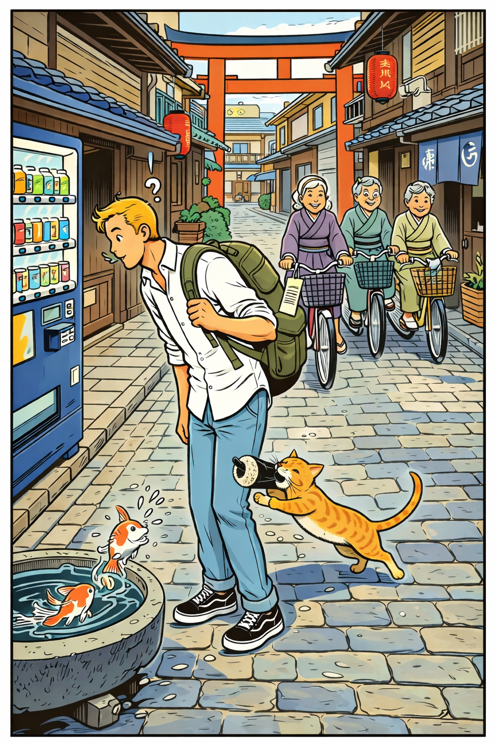 A man in Kyoto, Japan looks questioningly at a vending machine by a cat with a rice roll in its mouth and three older women approach on bikes and koi swim in a small round basin
