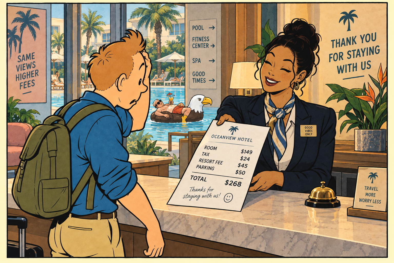A woman at the front desk of a hotel hands a man his bill, loaded with surcharges