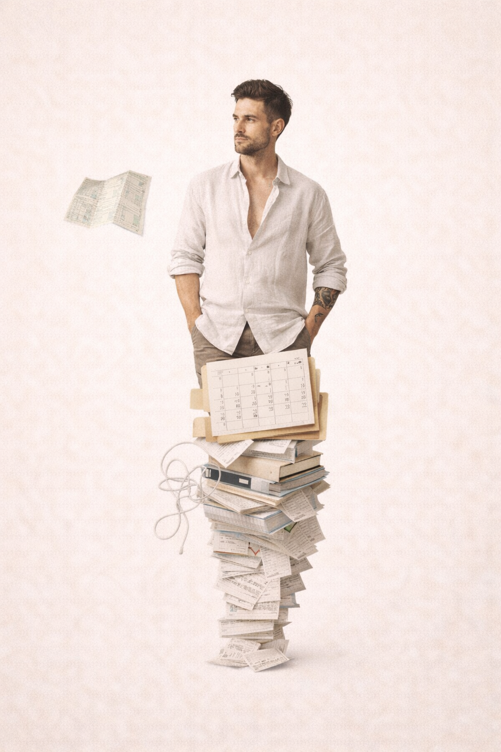 A collage of a man whose legs are replaced with a stack of documents, a calendar and a cord