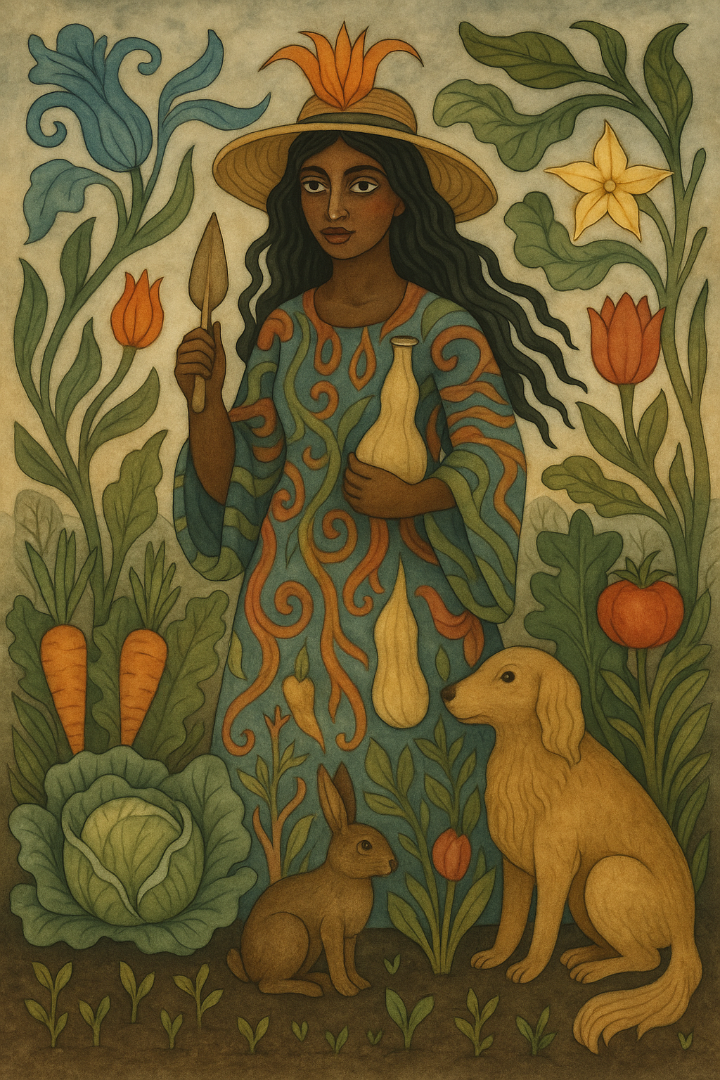 The Gardener as a tarot card, with large plants surrounding her as well as a rabbit and dog