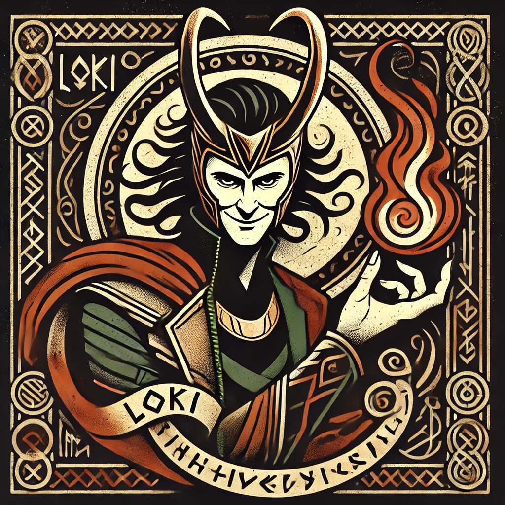 Loki, the Norse trickster god, wearing his horned helmet and conjuring fire in his hand, smiling mischievously