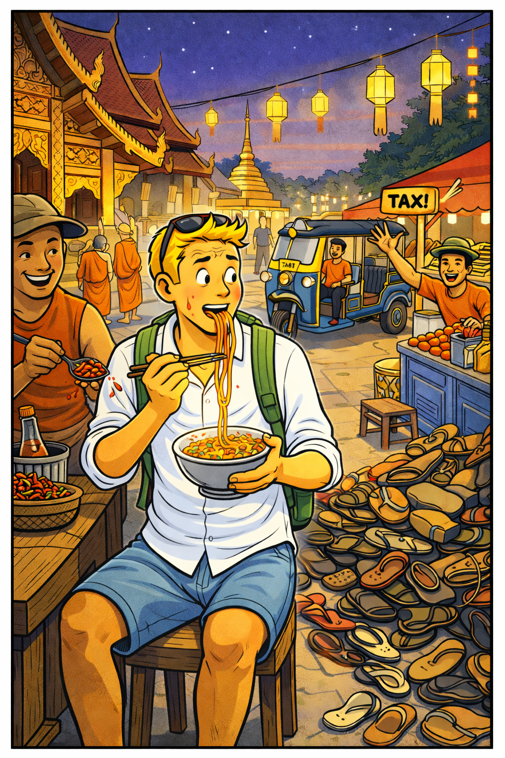 A man stuffs his face with noodles at a street food stall by a Buddhist temple, a pile of sandals, a waving vendor, a tuktuk and a string of lanterns