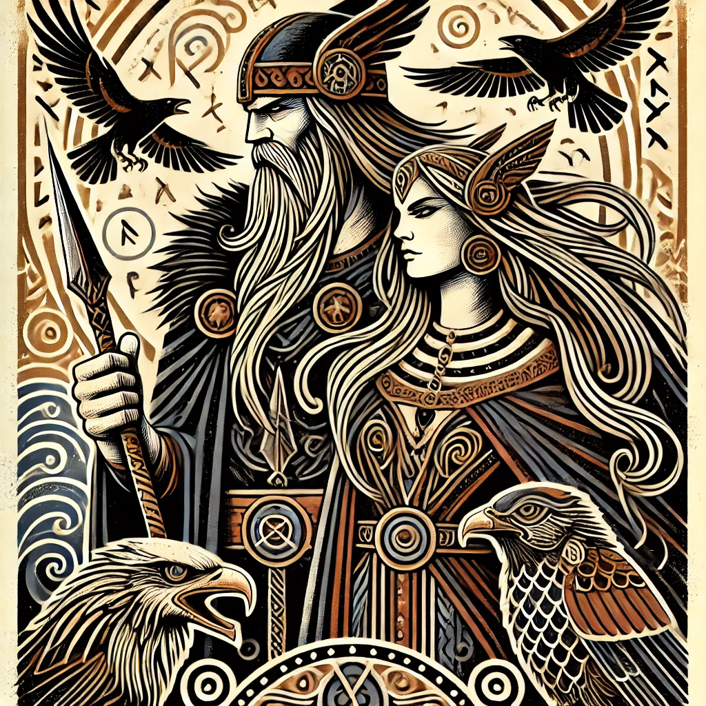 A Norse god and goddess look fierce, with ravens and eagles around them