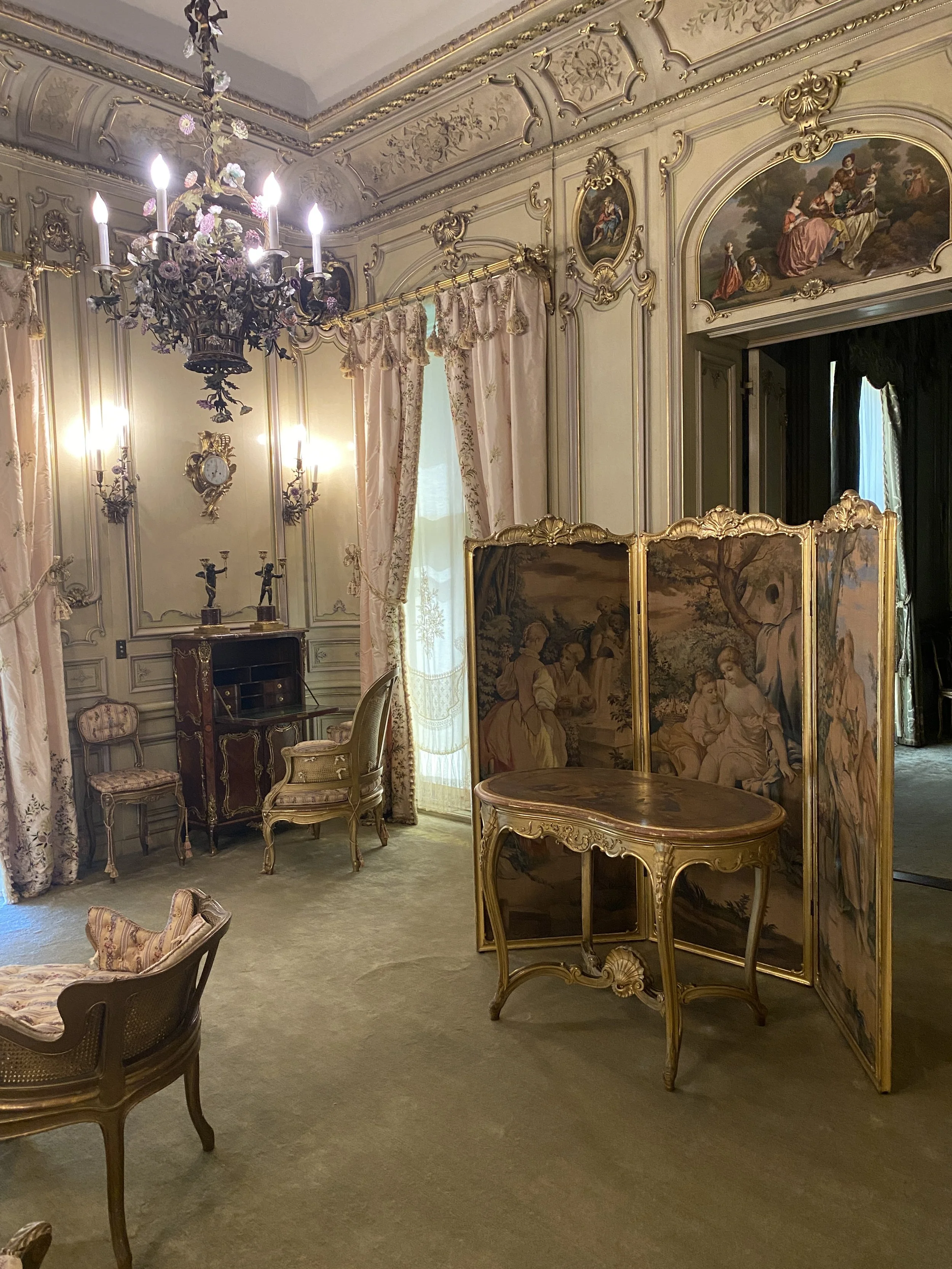 Dressing screen and other elaborate furniture in Louise's boudoir at the Vanderbilt Mansion