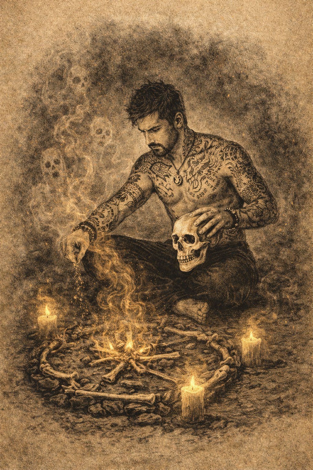 A shirtless man covered in tattoos holds a skull and performs a bone oracle necromantic divination to ask Hecate questions