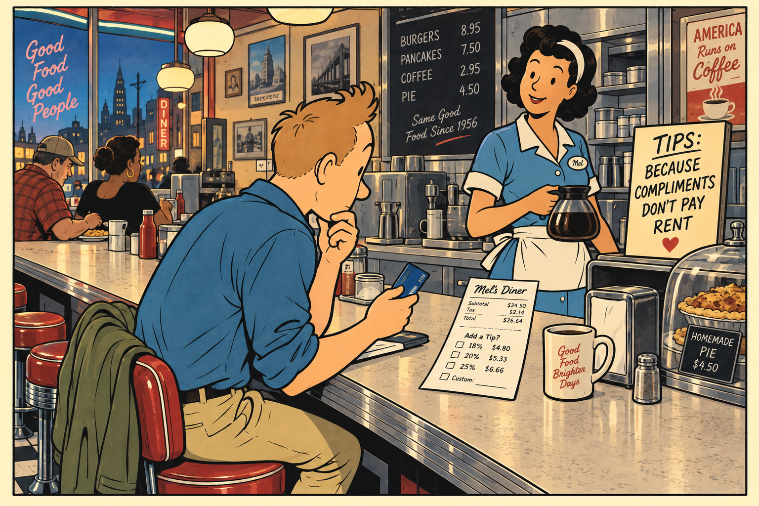 A man holds his credit card looking at his check at a diner while the waitress holds coffee and smiles at him by a sign encouraging tipping