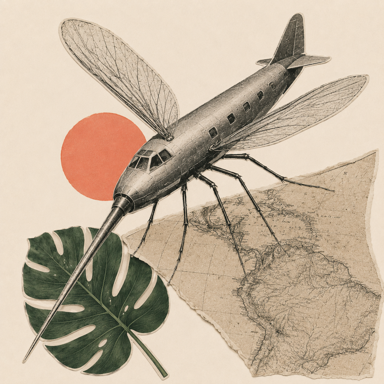 Collage of airplane as a mosquito, with sun, palm leaf and map