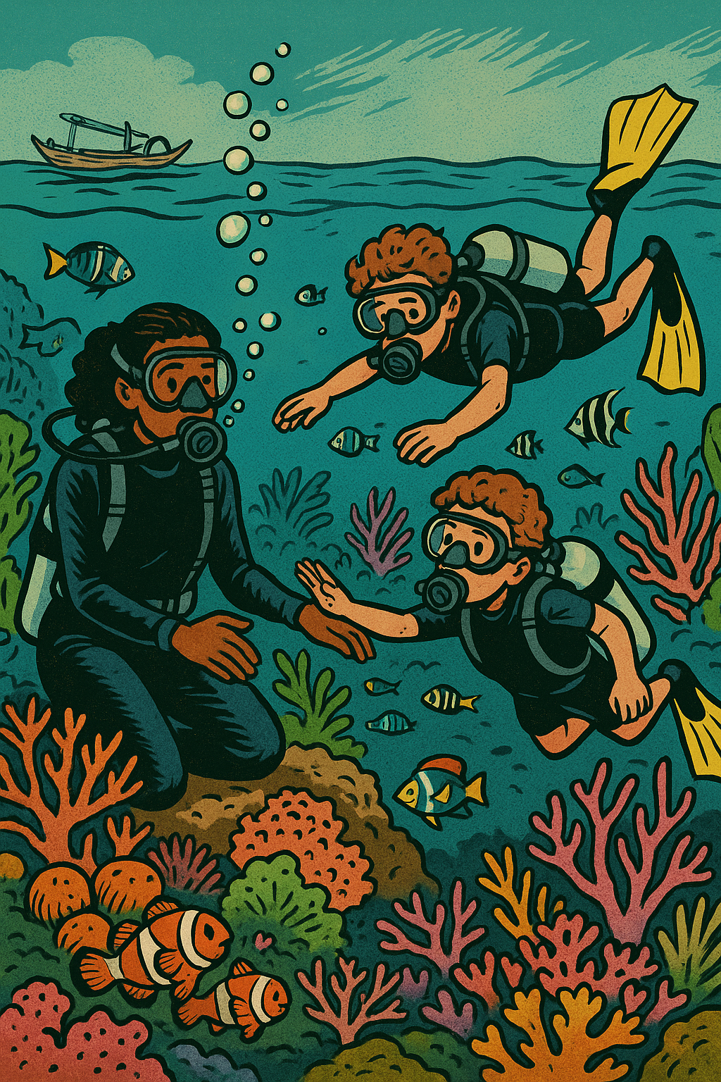 A family scuba dives under a boat among coral and fish at Amed in Bali