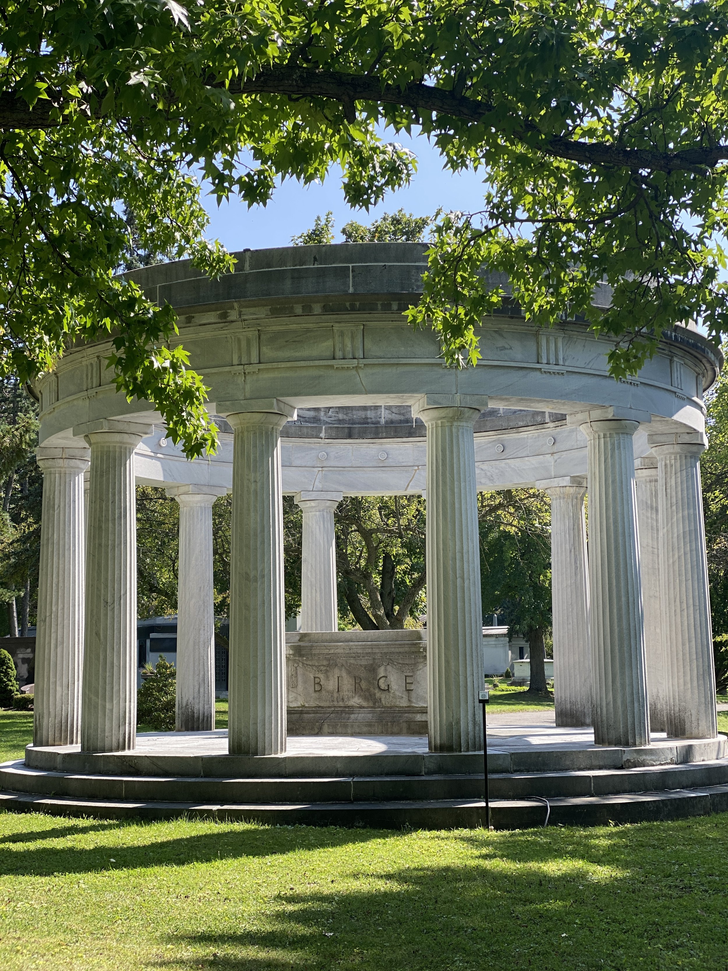 The Birge Memorial with Roman columns in a circle at Forest Lawn Cemetery