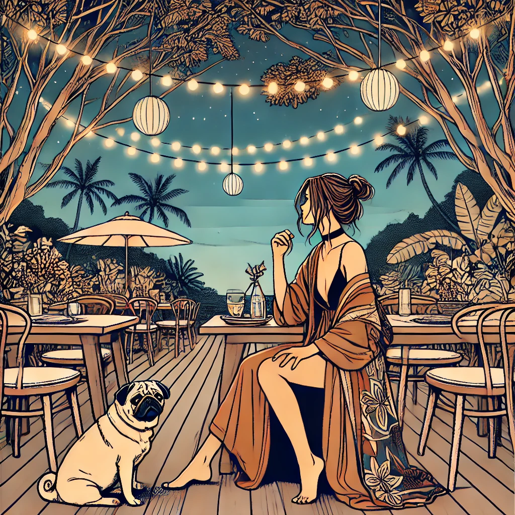 A barefoot woman in a flowing coverup sits with her pug in the evening on a restaurant patio, with lights strung overhead