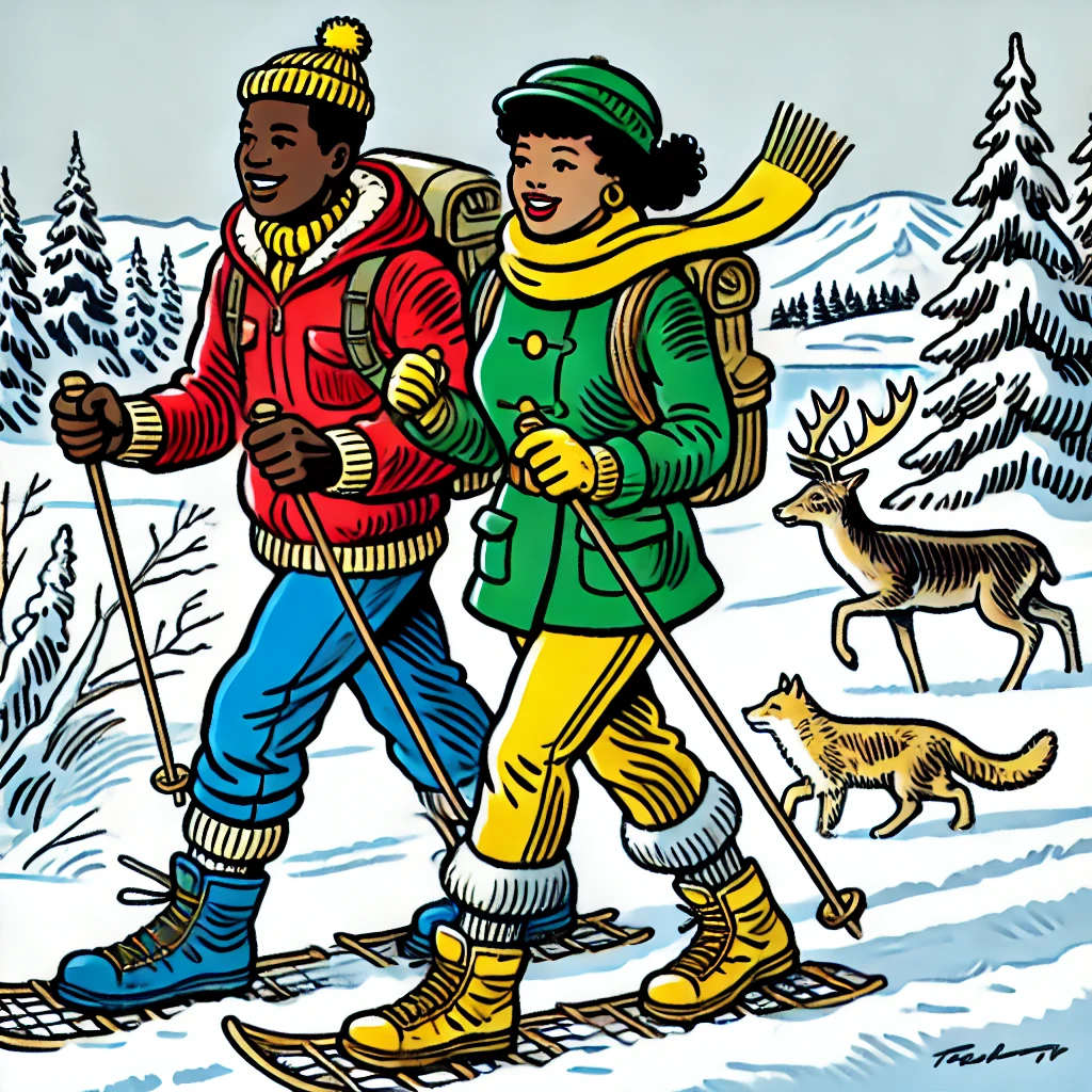 A couple snowshoe in the snow past a fox and deer