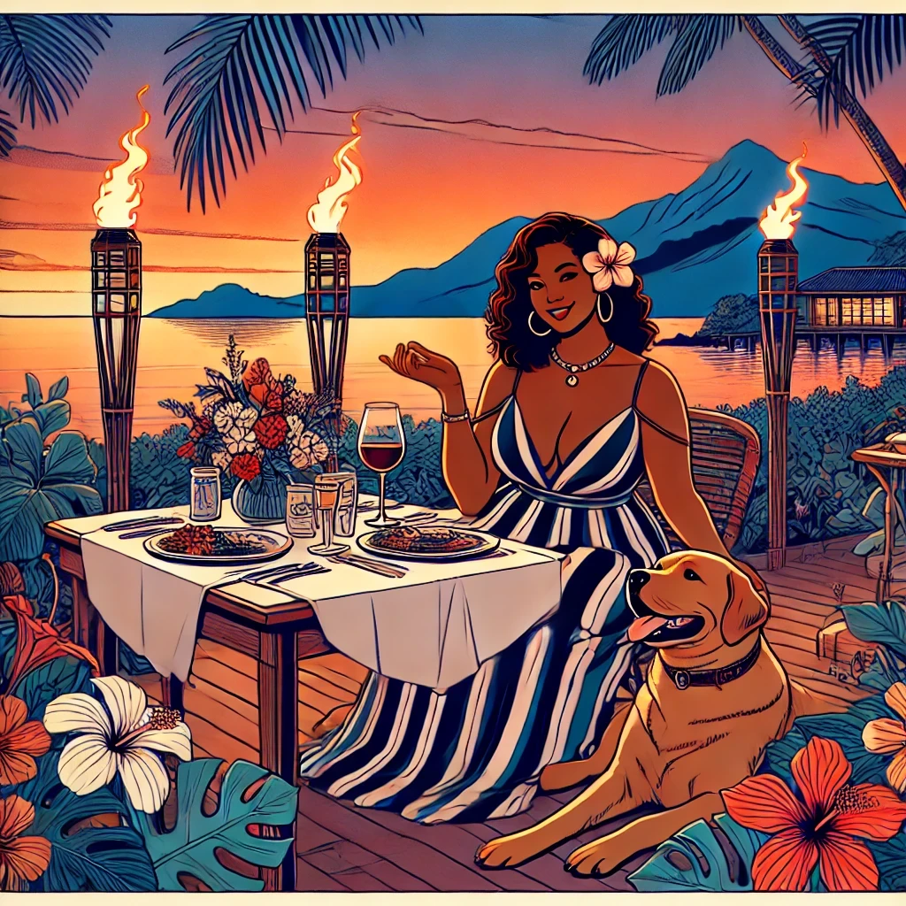 A woman with a flower behind her ear and a blue and white sundress eats on a waterfront patio in Hawaii at sunset