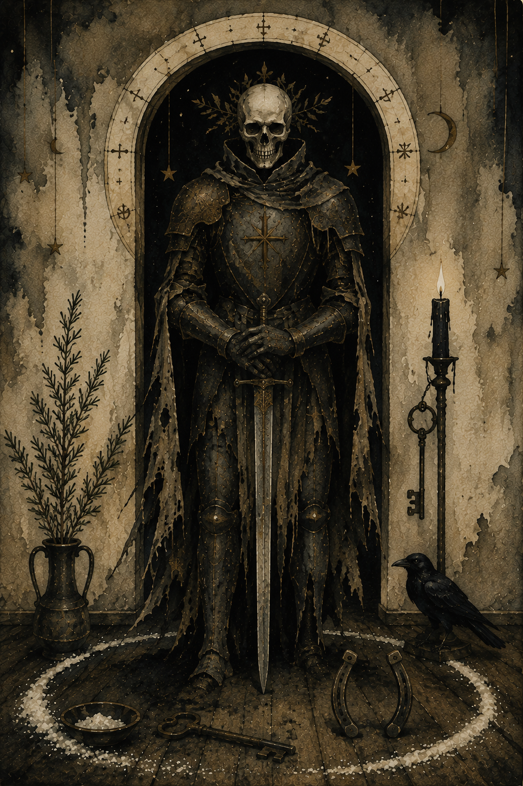 A knight with a skull head stands in a doorway by a plant, key and raven, in a circle of salt with a bowl, key and horsehoe