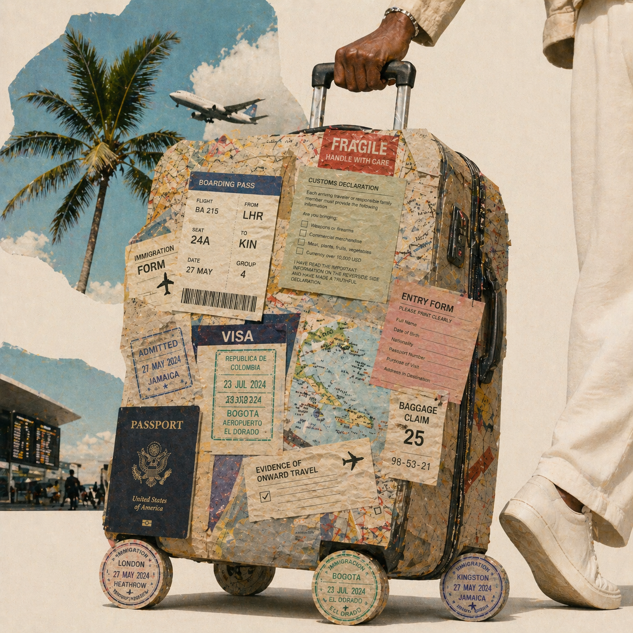 Collage of a traveler pulling a rolling suitcase covered in travel documents, including a passport