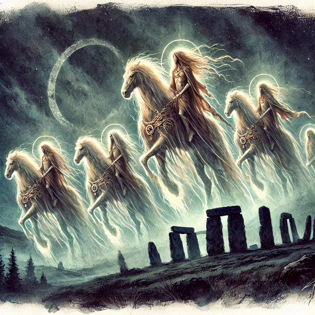 The Tuatha Dé Danann, or Sidhe, ride their spectral horses above Stonehenge