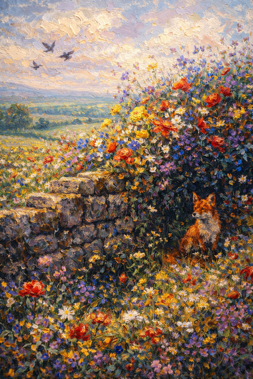 A fox sits by an old stone wall covered in colorful wildflowers in the English countryside as bird fly overhead