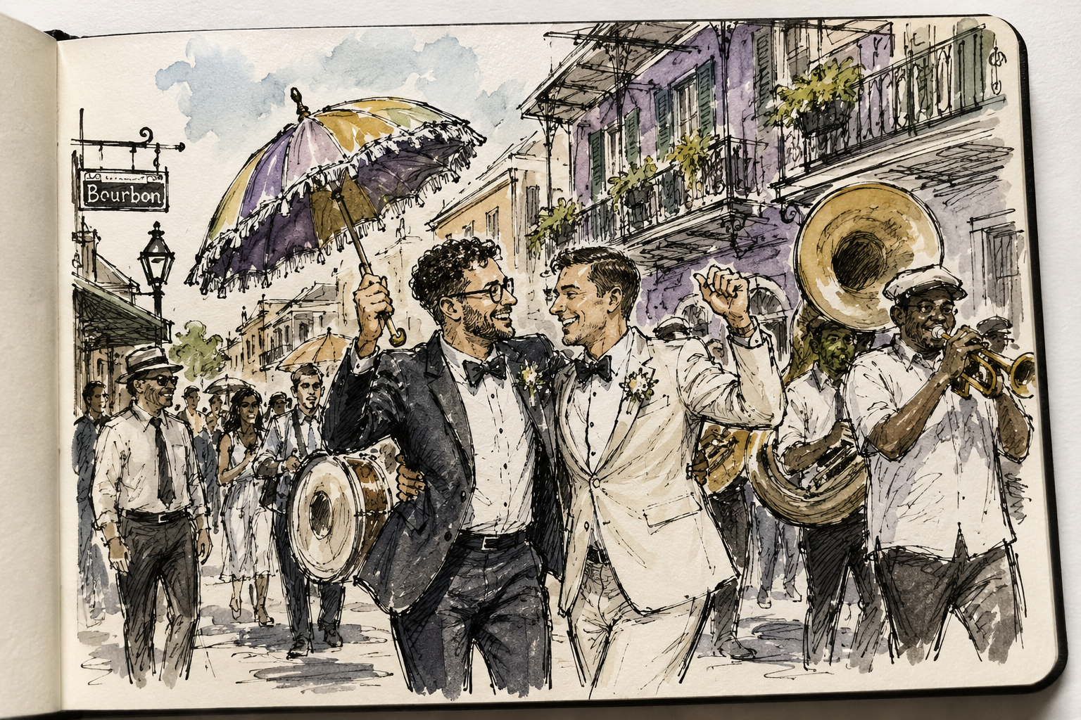 Two grooms, one holding a parasol, dance down the street at their wedding in the French Quarter of New Orleans with a jazz band playing