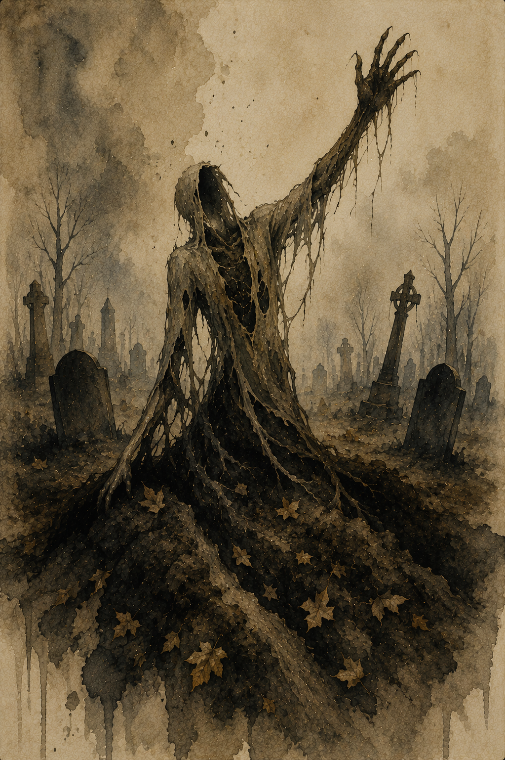 A Grim Reaper type figure with no face, dressed in a decaying robe, reaches out of a grave in a cemetery