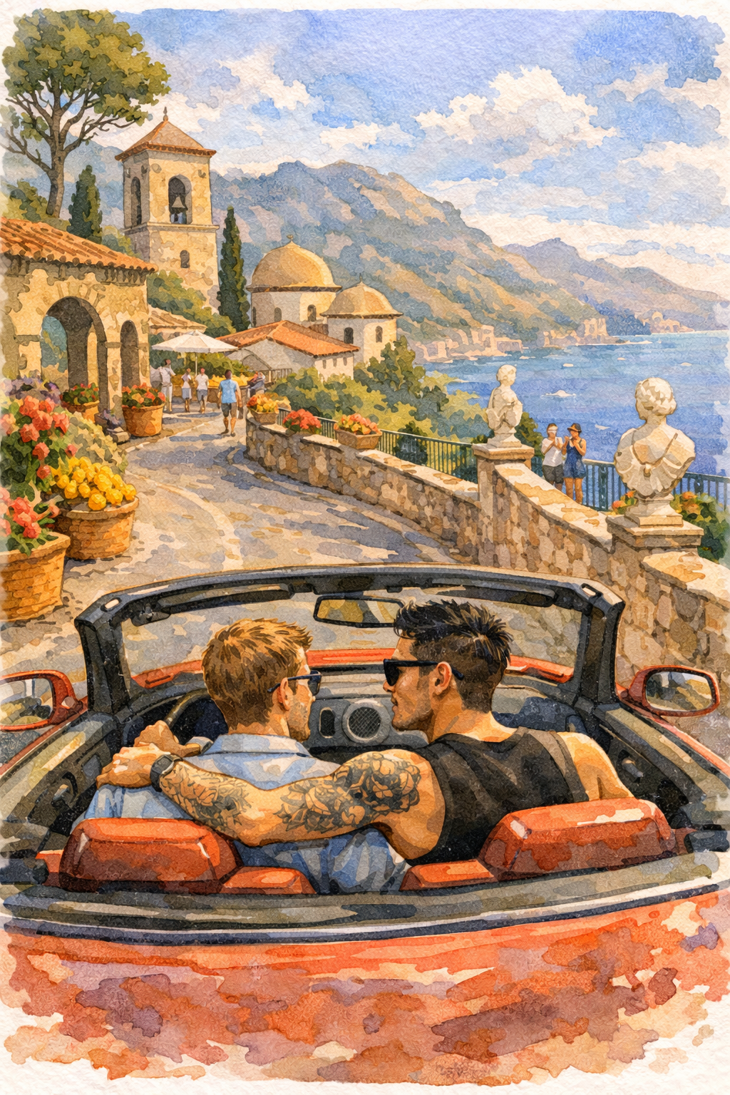 A gay man with tattoos puts his arm around his boyfriend as they drive along the Amalfi Coast in their red convertible, entering a town