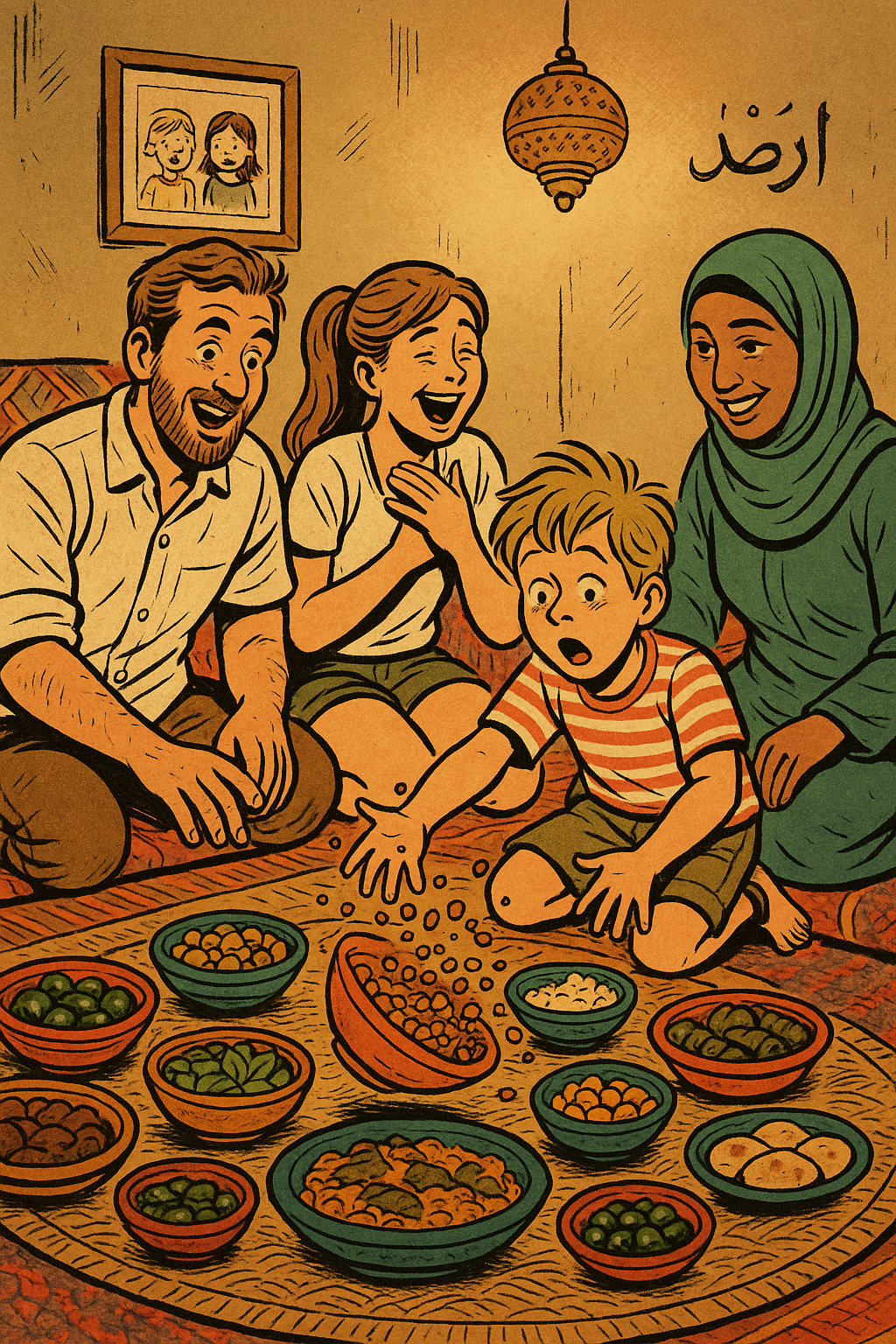 A family sits on the floor by their Egyptian hostess, various bowls of food on a mat, a young boy spilling lentils