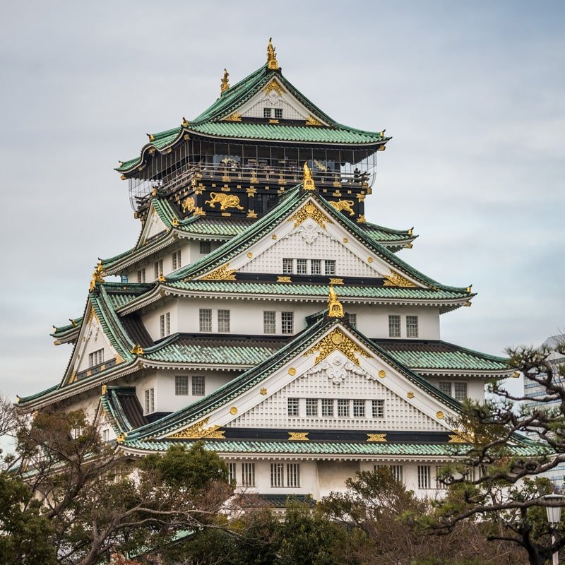 The top of the multi-tiered Osaka Castle peeks above the treetops