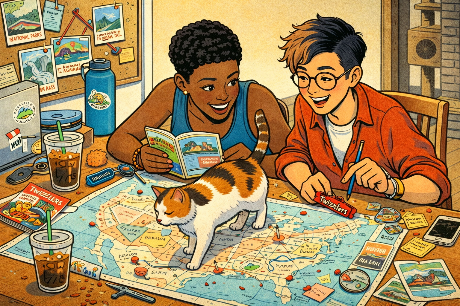 A lesbian couple plan a road trip with a map of the United States, which their cat walks over, with a corkboard and table covered with postcards, candy, iced coffees and other items