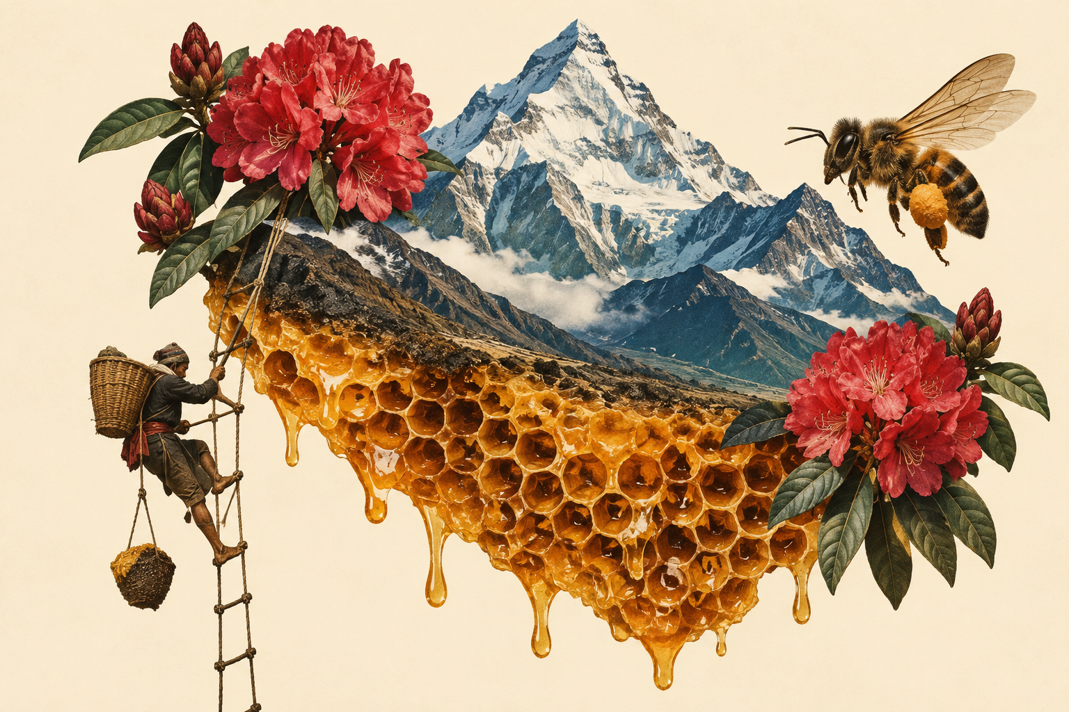 Collage of trekker carrying a basket and climbing a rope ladder, dripping honeycomb, rhododendrons, a bee and the mountains of Nepal