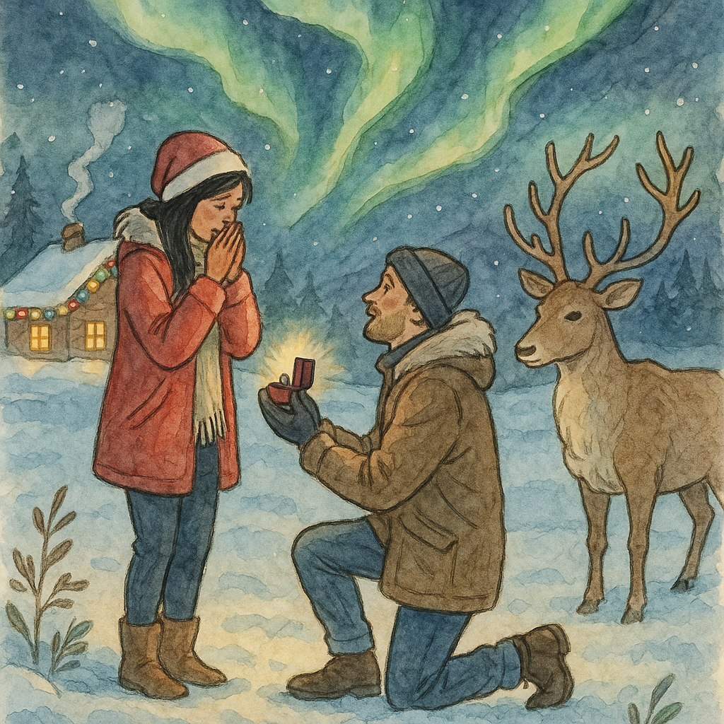 A man on one knee proposes to his girlfriend in the snow in Lapland, with a reindeer and cabin nearby, and the Northern Lights streaking above