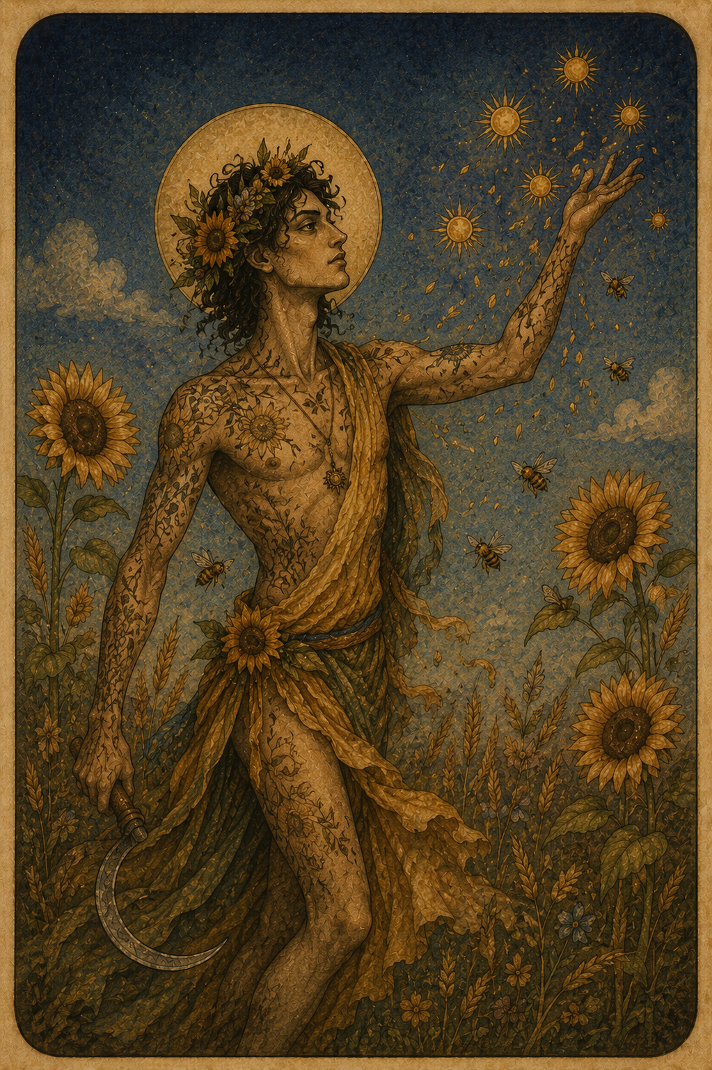 A tattooed man in a tunic holds a sickle, stands in a field of sunflowers, wheat and bees, and casts a spell at Lammas