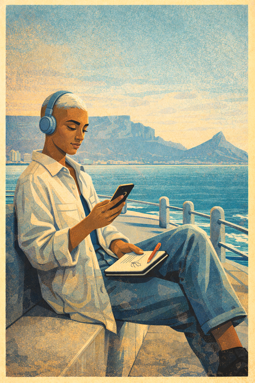 A nonbinary young person with headphones on sits by the water in Cape Town, Africa, looking at their phone with a notebook in their lap