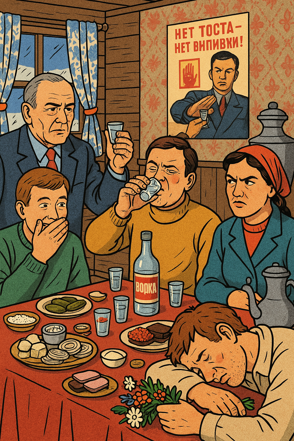 People sit at a table in Russia, drinking vodka, with one man laughing, another passed out and a woman scowling