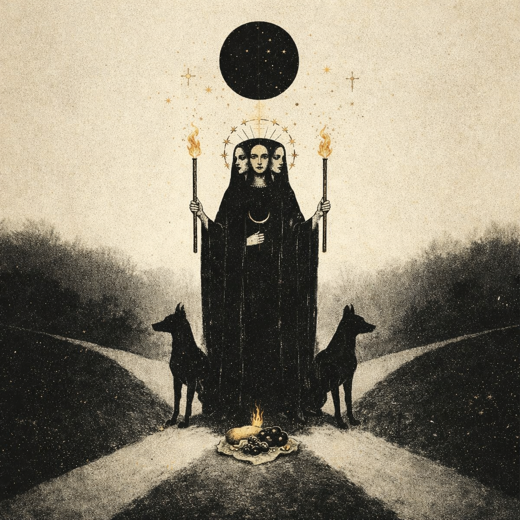 The goddess Hecate, with three faces, holding torches under a dark moon, with two dogs, ritual offerings, standing at a crossroads