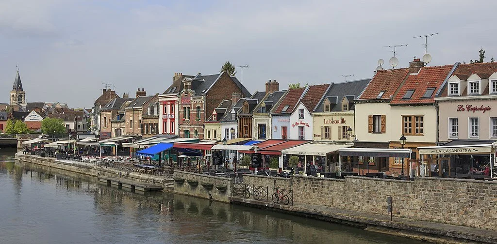 Quai Belu, with quaint buildings along the water, in Amiens, France