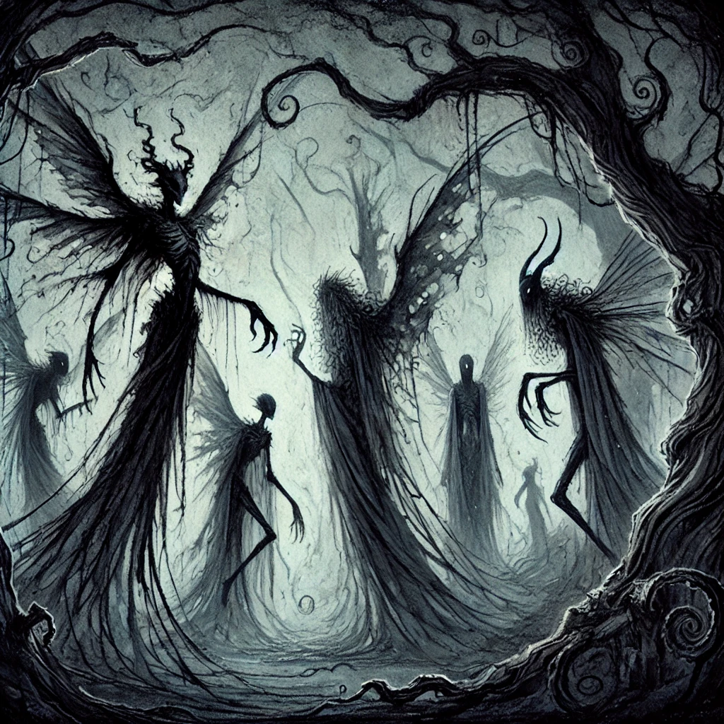 Dark, horned, spectral Fae in the woods of the Unseelie Court